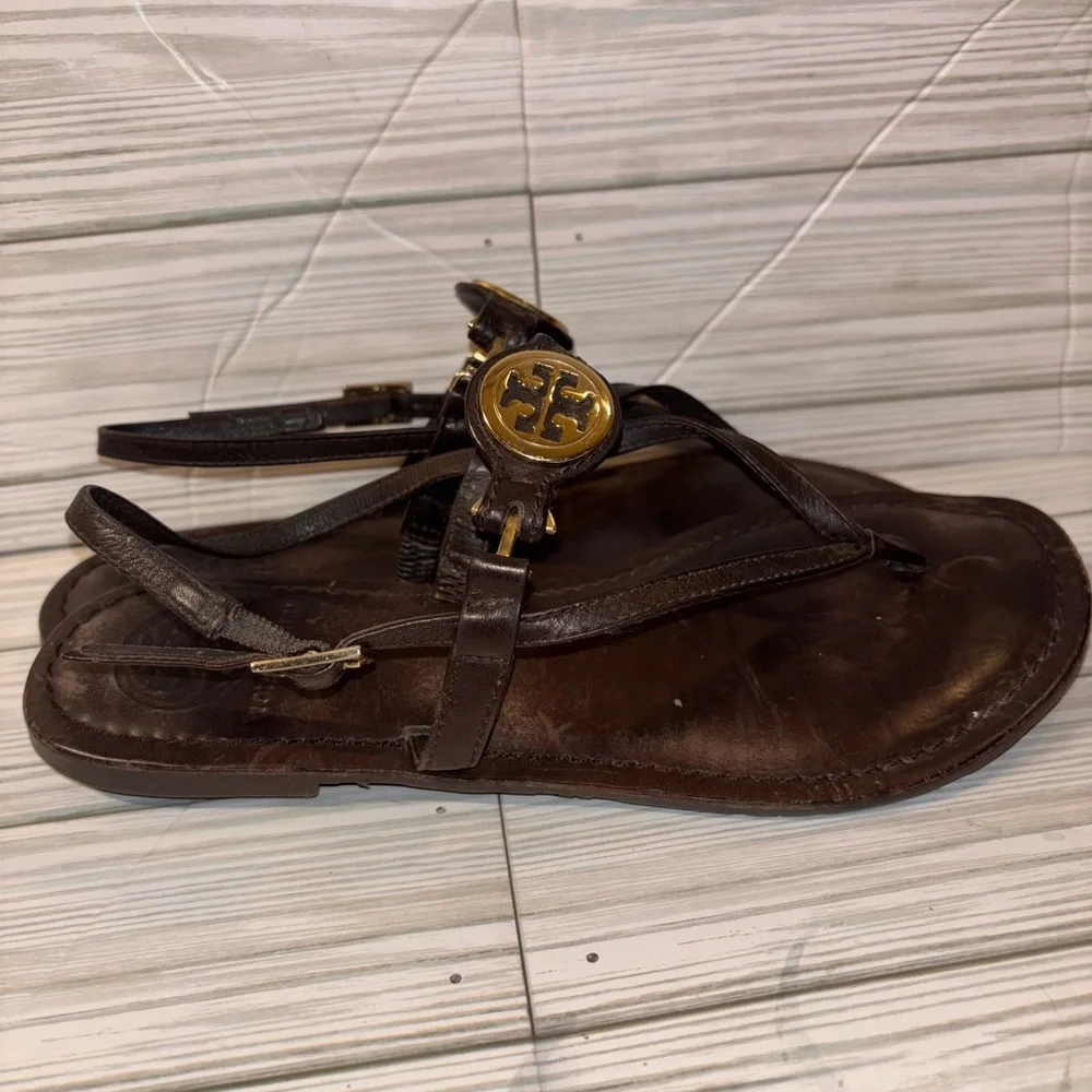 Tory Burch Brown Leather Logo Thong Sandals with Gold Hardware
